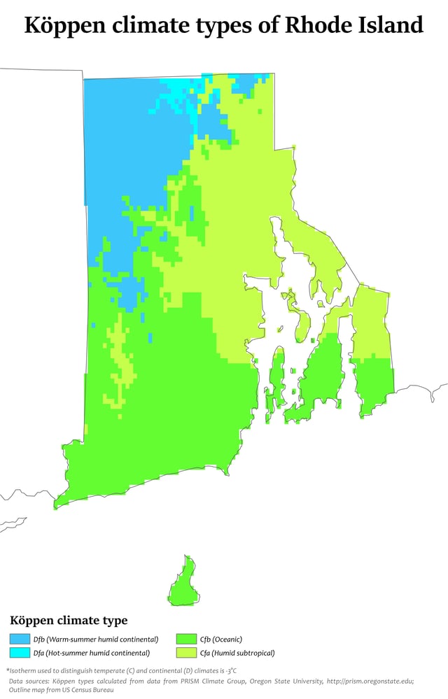 Updated Köppen map shows Providence has moved up to a humid subtropical climate