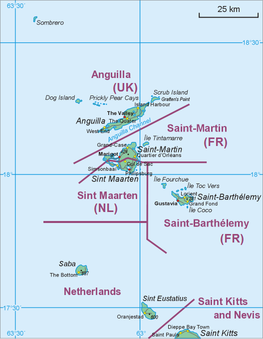 Map showing location of St. Barts relative to Sint Maarten/Saint Martin and St Kitts