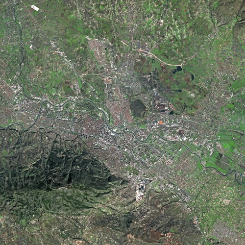 Skopje as seen by the SPOT satellite. Mount Vodno is visible on the bottom left of the picture.