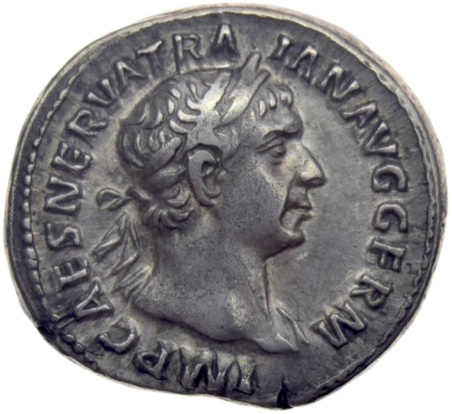 Denarius of Trajan, minted in Rome in 101–102 AD. Inscription: IMP. CAES. NERVA TRAIAN. AVG GERM.