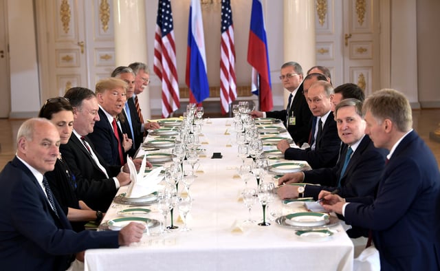 Talks between U.S. delegation headed by Donald Trump and Russian delegation headed by Putin at the summit in Helsinki, 16 July 2018