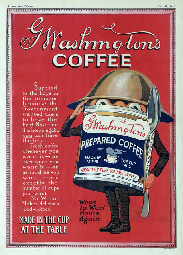 A 1919 advertisement for G Washington's Coffee. The first instant coffee was invented by inventor George Washington in 1909.