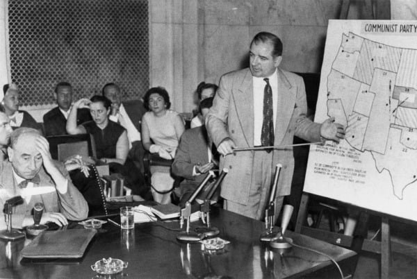 Joseph N. Welch (left) being questioned by Senator Joe McCarthy (right) on 9 June 1954