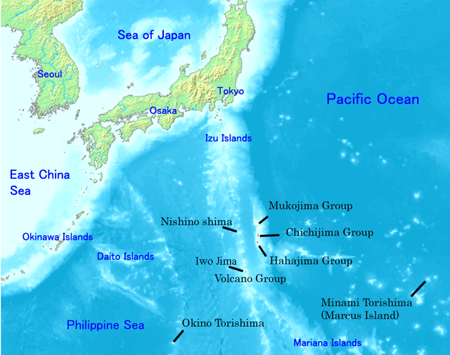 Map of the Ogasawara Islands in black labels