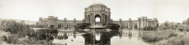 A panorama of the Palace of Fine Arts c.1919. The current building was rebuilt in the 1960s, and then seismically retrofitted after damage from 1989's Loma Prieta earthquake, and again in 2009.