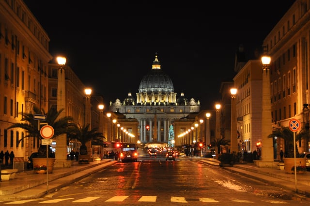 St. Peter's Basilica at night from Via della Conciliazione in Rome