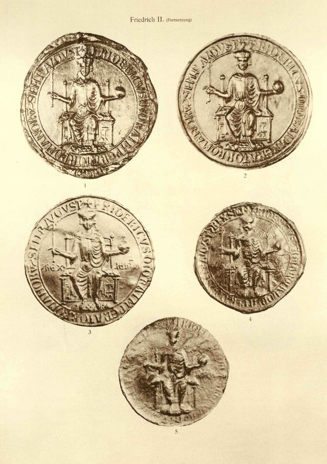 Seals used by Frederick as Emperor (ed. Otto Posse 1909): 1: first imperial seal (1221—1225), 2: second imperial seal (1226), 3: third imperial seal, addition of the title of King of Jerusalem (1226—1250) 4: seal used in 1221 and 1225, 5: first seal as King of Jerusalem (1233).