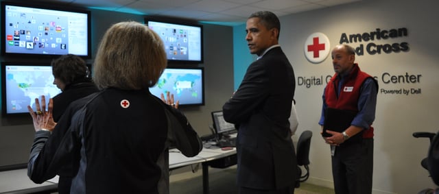 October 30, 2012, President Barack Obama visits the American Red Cross Digital Command Center following Hurricane Sandy