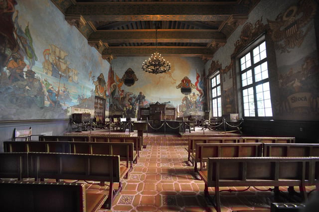 Mural Room (formerly Board of Supervisors' Hearing Room) within the Santa Barbara County Courthouse. Wall murals depict the history of Santa Barbara. The room is used occasionally as a courtroom.