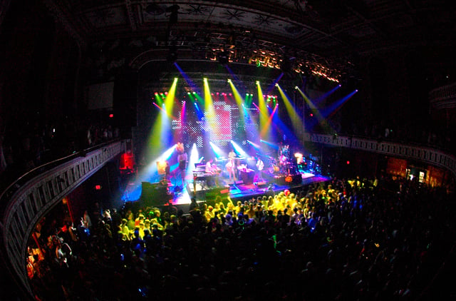 The stage of the Tabernacle during a live performance by the band STS9