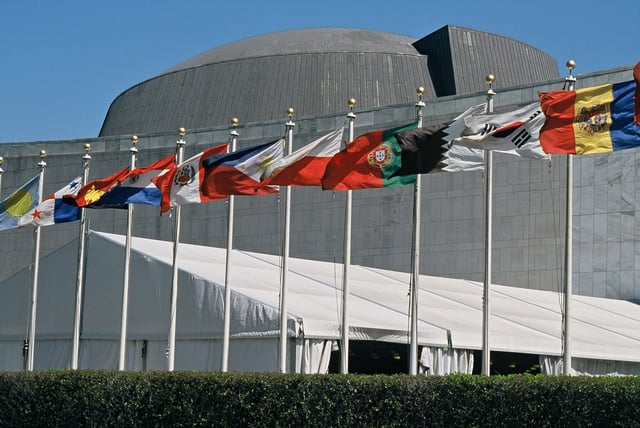 Flags of member nations at the United Nations Headquarters, seen in 2007