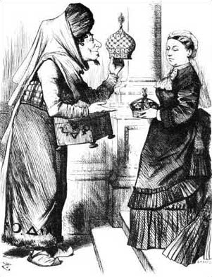 An 1876 political cartoon of Benjamin Disraeli (1804–1881) making Queen Victoria Empress of India. The caption reads "New crowns for old ones!"