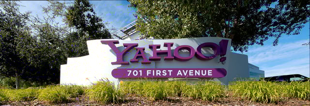 Yahoo! sign with address at its headquarters
