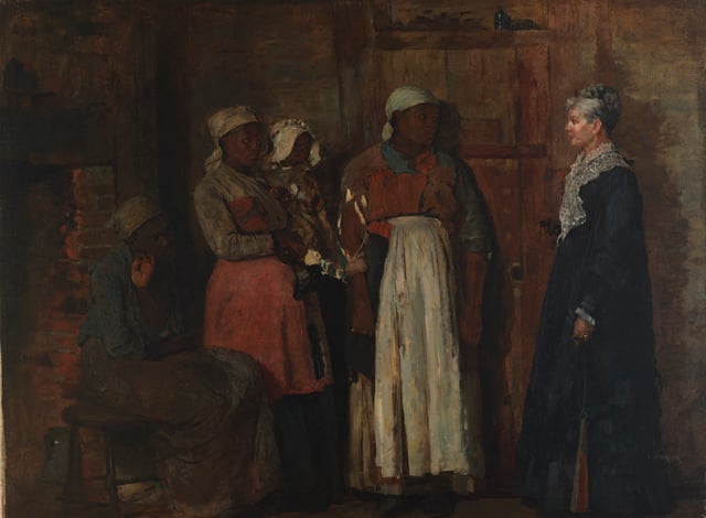 Winslow Homer's 1876 "A Visit from the Old Mistress" depicts a tense meeting between a group of newly freed slaves and their former slaveholder. Smithsonian Museum of American Art