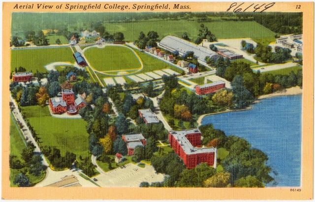 Historic postcard: Aerial view of Springfield College
