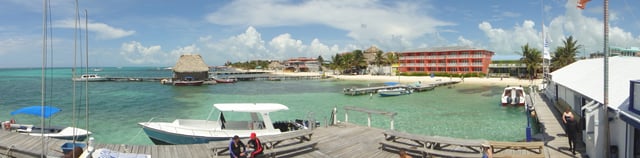 Panoramic view of Amigos del Mar diving dock and shop in Ambergris Caye