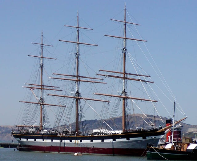 This photo of the full-rigged ship Balclutha, shows the fore-mast, main-mast and mizzen-mast, as well as all the ship's standing and running rigging. The Balclutha is berthed in San Francisco, and is open to the public.