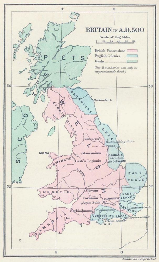 Britain in AD 500: The areas shaded pink on the map were inhabited by the Britons, here labelled Welsh. The pale blue areas in the east were controlled by Germanic tribes, whilst the pale green areas to the north were inhabited by the Gaels and Picts.