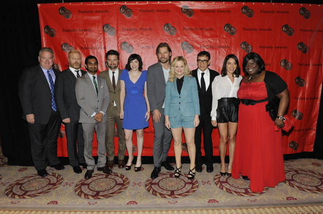 The casts of Parks and Recreation, Portlandia, and Game of Thrones at the 71st Annual Peabody Awards inside the Waldorf Astoria. From left to right: Jim O'Heir, Nick Offerman, Aziz Ansari, Adam Scott, Carrie Brownstein, Nikolaj Coster-Waldau, Amy Poehler, Fred Armisen, Aubrey Plaza, and Retta