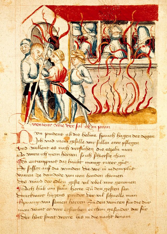 The Huns (outside) set fire to their own hall to kill the Burgundians. Illustration from the Hundeshagen Codex of the Nibelungenlied.