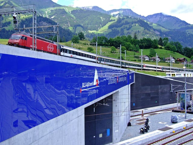 Entrance of the new Lötschberg Base Tunnel, the third-longest railway tunnel in the world, under the old Lötschberg railway line. It was the first completed tunnel of the greater project NRLA.