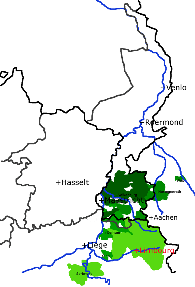 Map showing the medieval "lands of Overmaas" and the Duchy of Limburg, both in the Middle Ages possessed by the Dukes of Brabant. Together these two counties formed one province in the Seventeen Provinces. (The dark lines are the modern borders).