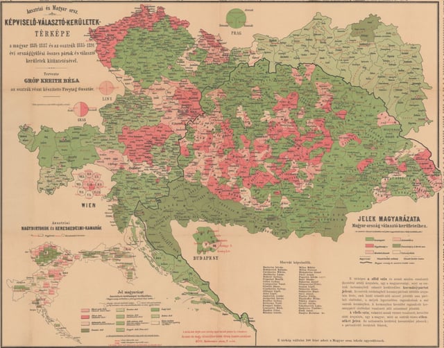 Electoral districts of Austria and Hungary in the 1880s. On the map opposition districts are marked in different shades of red, ruling party districts are in different shades of green, independent districts are in white.