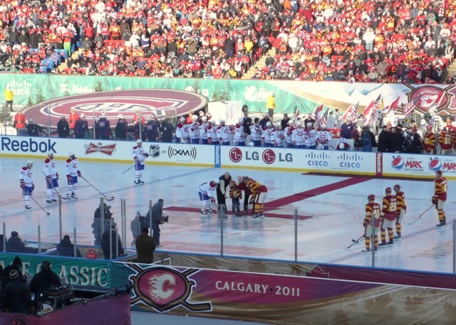 Ceremonial puck drop at the 2011 Heritage Classic between the Calgary Flames and the Montreal Canadiens