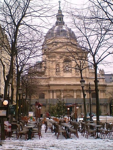 The Sorbonne covered by snow.