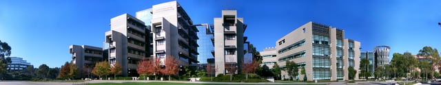 Panorama of the Jacobs School of Engineering on Earl Warren College mall. From left to right: Geisel Library, Engineering Building Unit (EBU) I, the Powell-Focht Bioengineering Building, the Computer Science Building, and EBU II (visible through trees)