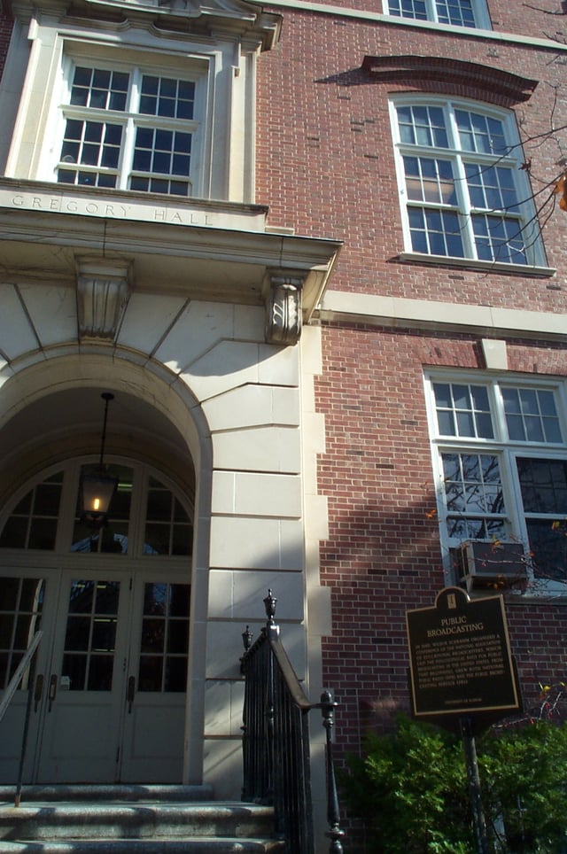 The Gregory Hall on the campus of University of Illinois at Urbana–Champaign hosted an important meeting of the National Association of Educational Broadcasters in the 1940s, that spawned both PBS and NPR.