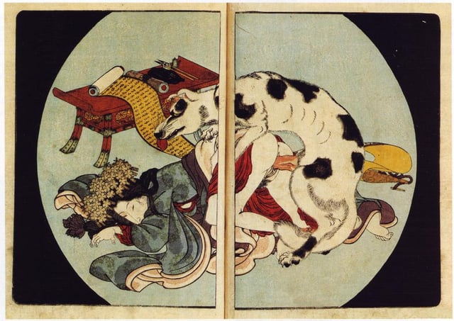 Japanese ukiyo-e woodblock print from Utagawa Kunisada's series, "Eight Canine Heroes of the House of Satomi", 1837.