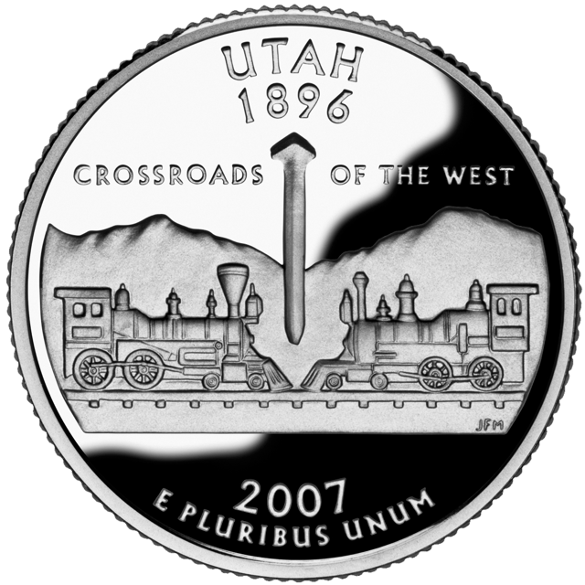 The state quarter representing Utah, depicting the golden spike ceremony