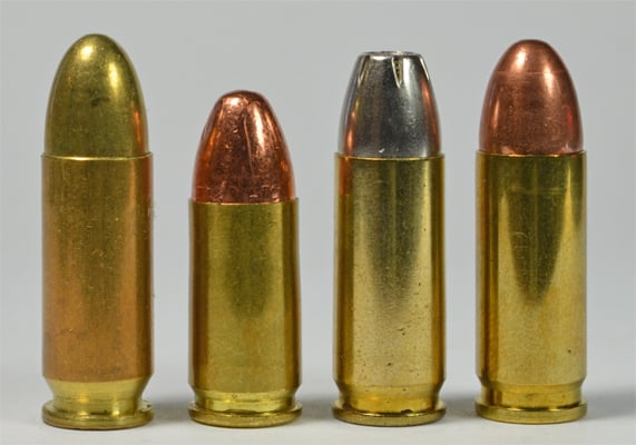 Left to right: 9×23mm Largo, 9×19mm Parabellum, 9×23mm Winchester, and 9×23mm Steyr.