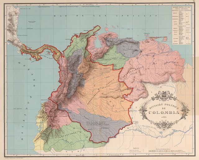 Map of the former Gran Colombia in 1824 (named in its time as Colombia), the Gran Colombia covered all the colored region.