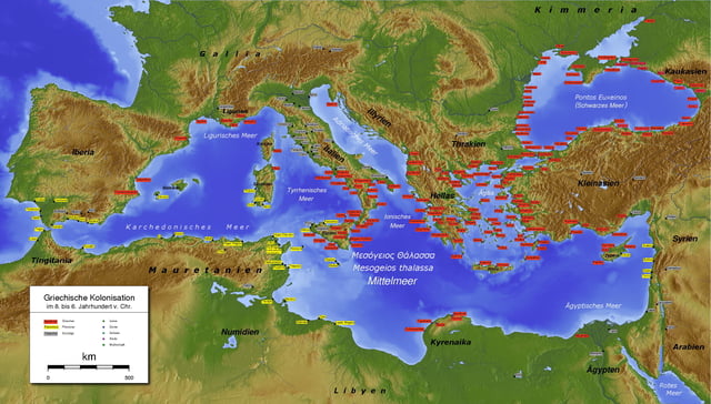Greek (red) and Phoenician (yellow) colonies in antiquity c. the 6th century BCE