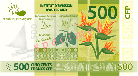 A 500-CFP franc (€4.20; US$4.70) banknote, used in French Polynesia, New Caledonia and Wallis and Futuna.
