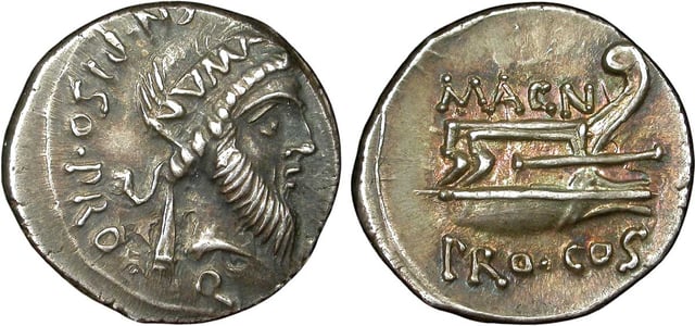 A denarius of Pompey minted 49–48 BC