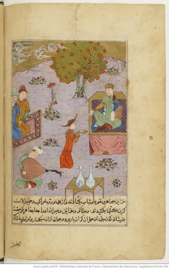Güyük at the feast. Tarikh-i Jahangushay-i Juvaini.