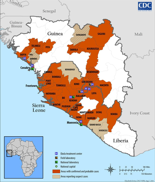 A situation map of the Ebola outbreak as of 8 August 2014