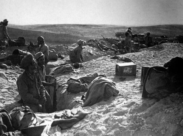 Israeli troops occupying abandoned Egyptian trenches at Huleiqat, October 1948.
