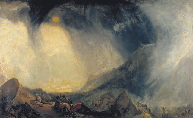 The material of legend: in Snow Storm: Hannibal and his Army Crossing the Alps, J. M. W. Turner envelops Hannibal's crossing of the Alps in Romantic atmosphere.