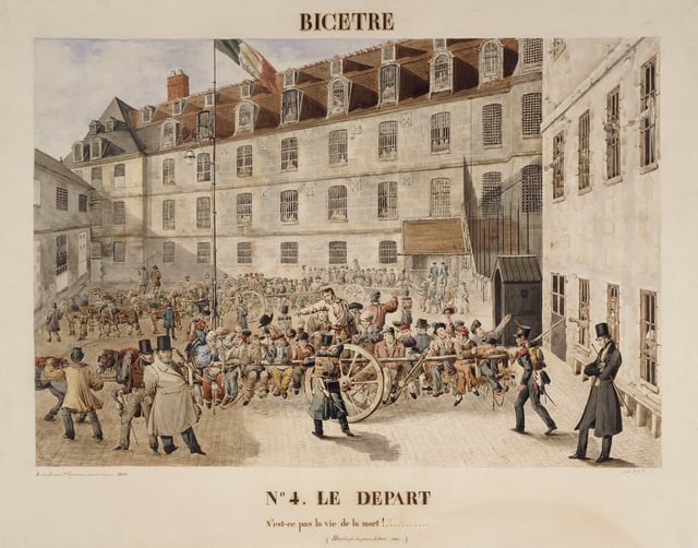 Le Malheureux Cloquemin Sous les Verroux, 1830, shows a typical chain transport from Bicêtre to the Bagne.