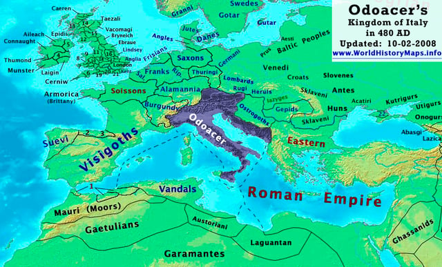 Odoacer's Italy in 480 AD, following the annexation of Dalmatia