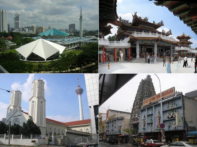Clockwise from top left: Masjid Negara, Thean Hou Temple, Sri Mahamariamman Temple, St. John's Cathedral