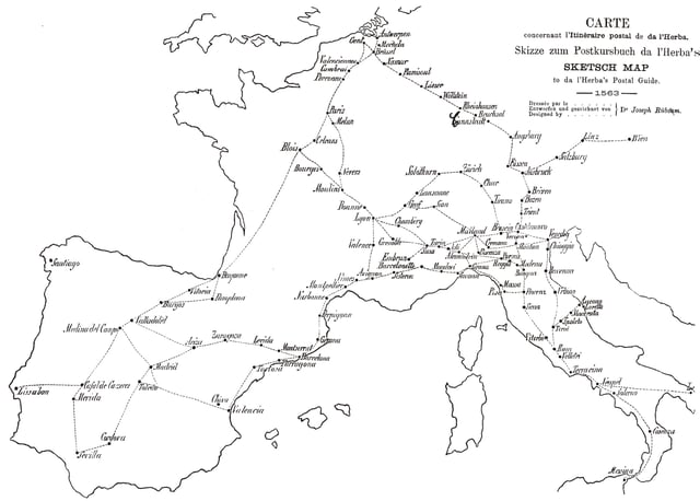 Some European postal routes in 1563