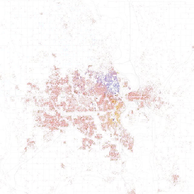 Map of racial distribution in Omaha, 2010 U.S. Census. Each dot is 25 people: White, Black, Asian, Hispanic or Other (yellow)