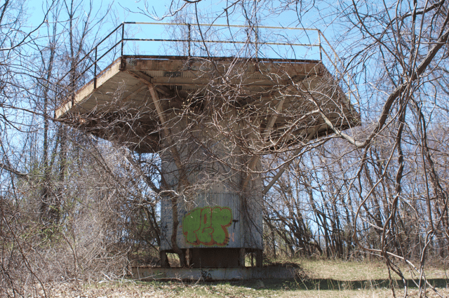A radio tower in the Riker Hill Complex