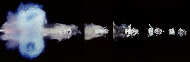 Series of individual 1/1,000,000 second exposures showing shotgun firing shot and wadding separation