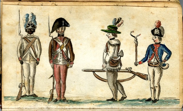 1780 drawing of American soldiers from the Yorktown campaign shows a black infantryman from the 1st Rhode Island Regiment.
